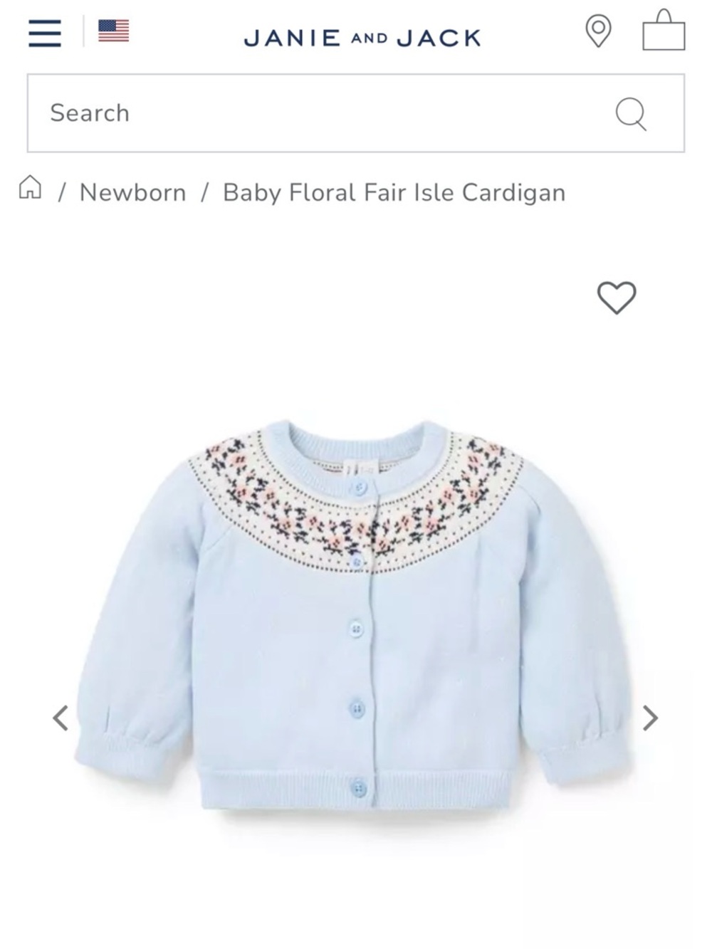 NWT- Janie and Jack Light Blue Floral Fair Isle Baby Cardigan- 0-3M